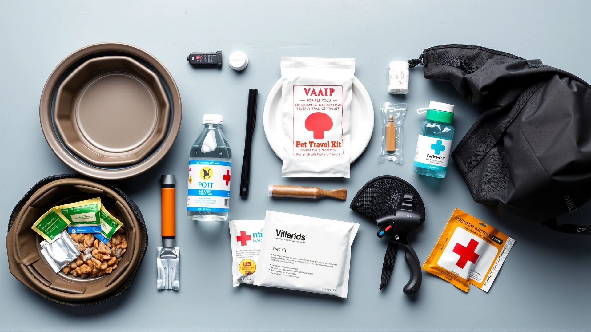 Flat lay of a pet travel emergency kit including collapsible bowls, water, food packets, and first-aid supplies