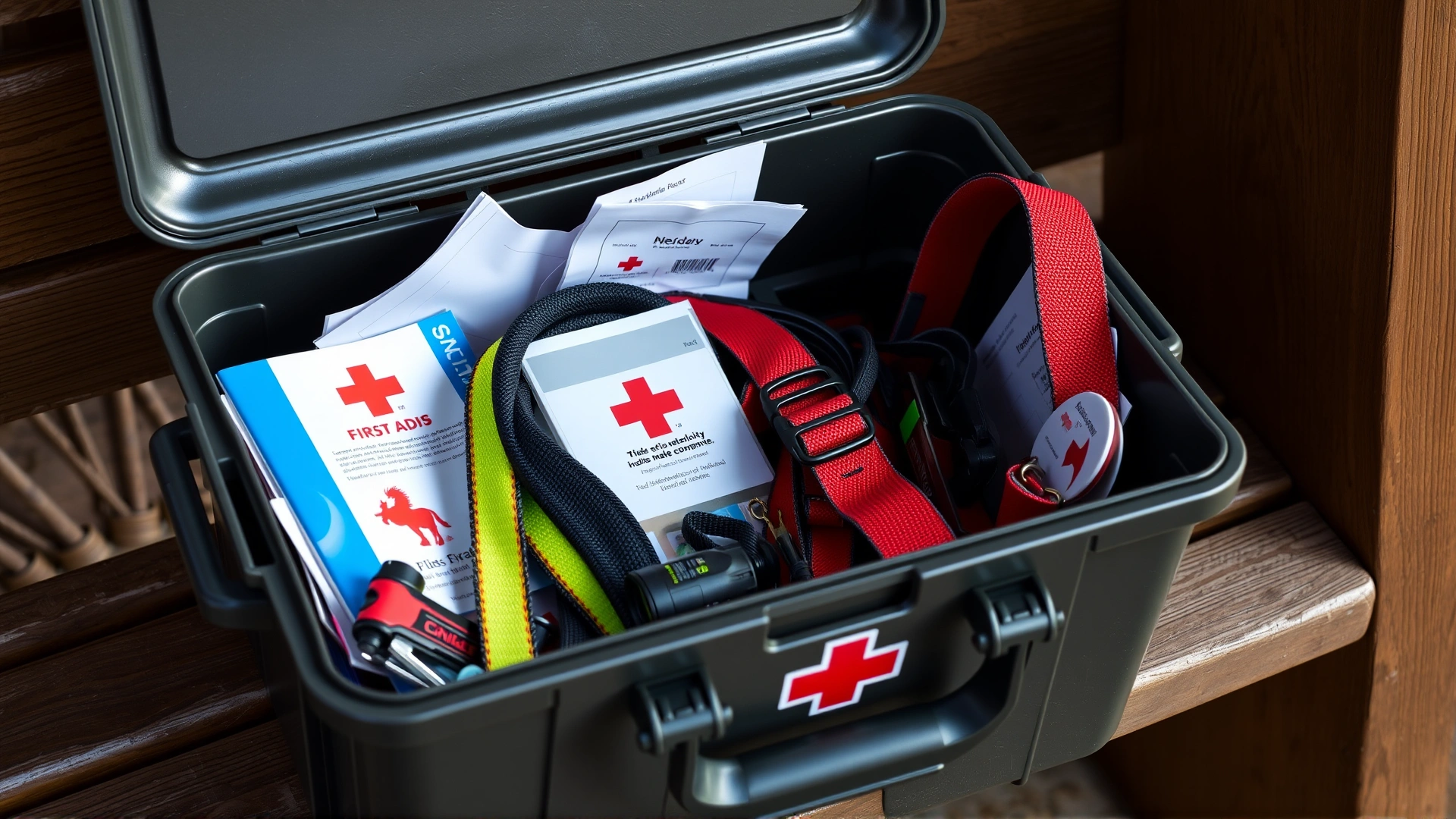 Plastic tote filled with horse first-aid supplies, reflective halters, copies of identification papers, and a flashlight, placed on a wooden bench