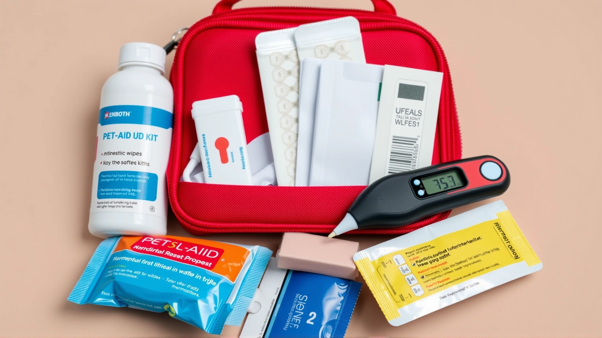 Close-up of a red pet first-aid kit with bandages, antiseptic wipes, and a digital thermometer on a neutral background.