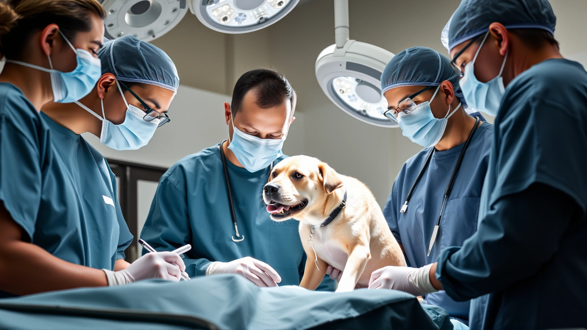 Veterinary surgical team in an emergency room setting, treating a dog under bright surgical lights.