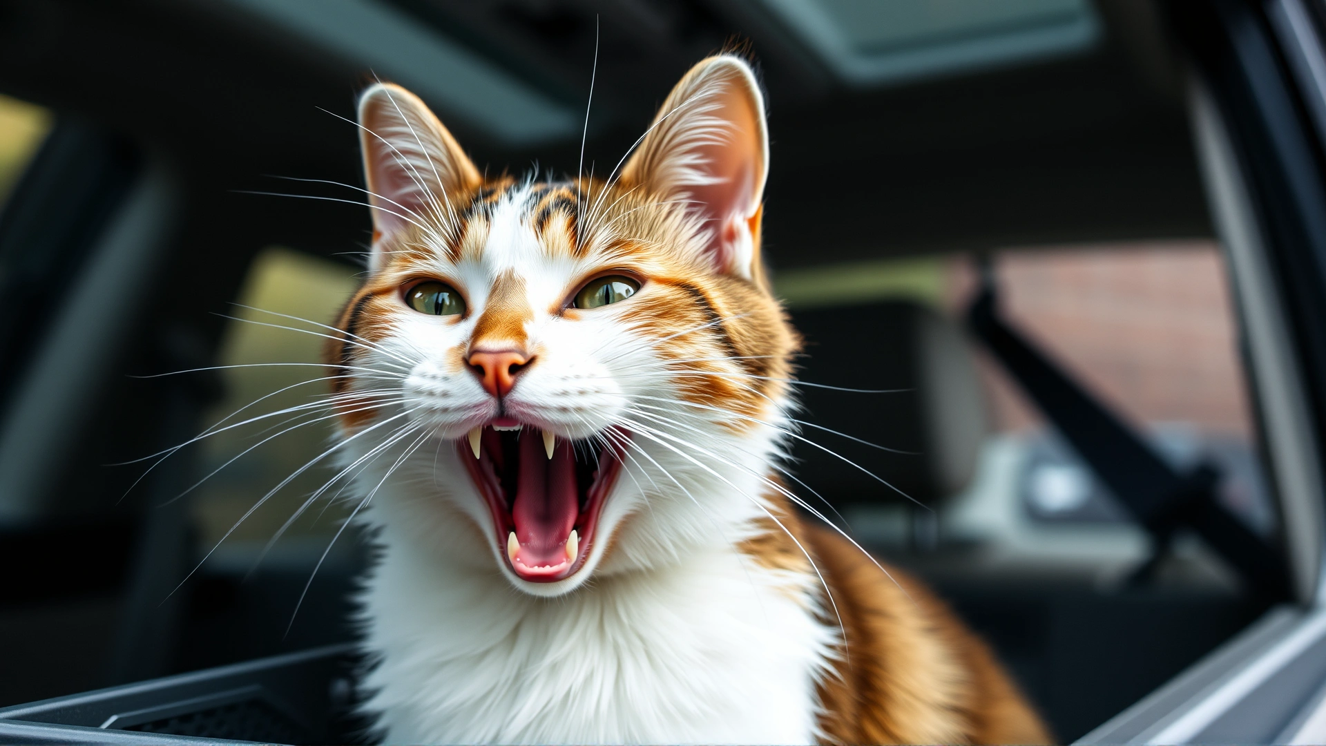 Cat with open mouth and rapid breathing, sitting in a carrier en route to veterinary clinic, motion blur suggesting urgency