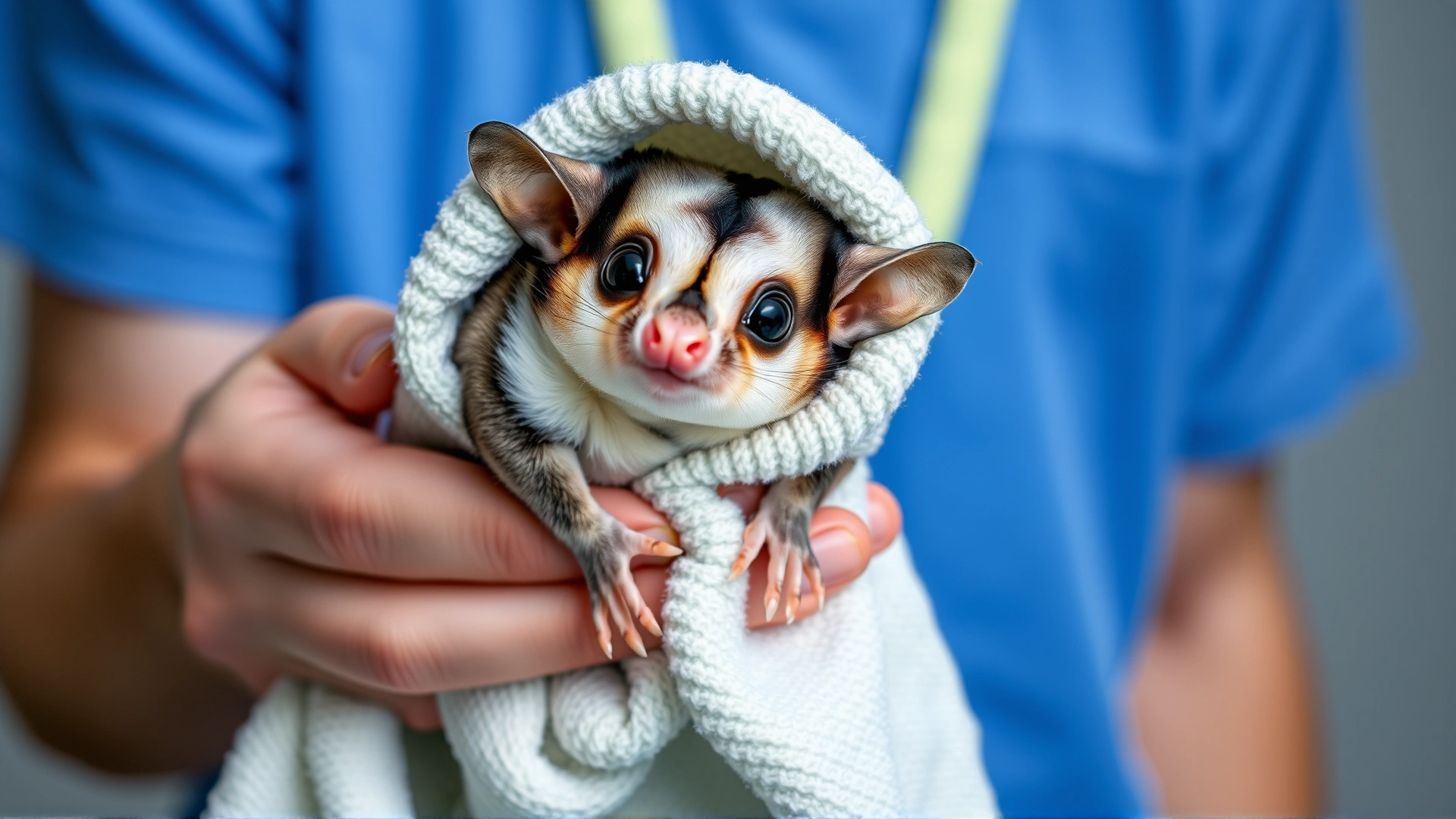 Concerned pet owner holding a sluggish sugar glider wrapped in a soft towel, showing urgency, neutral background.