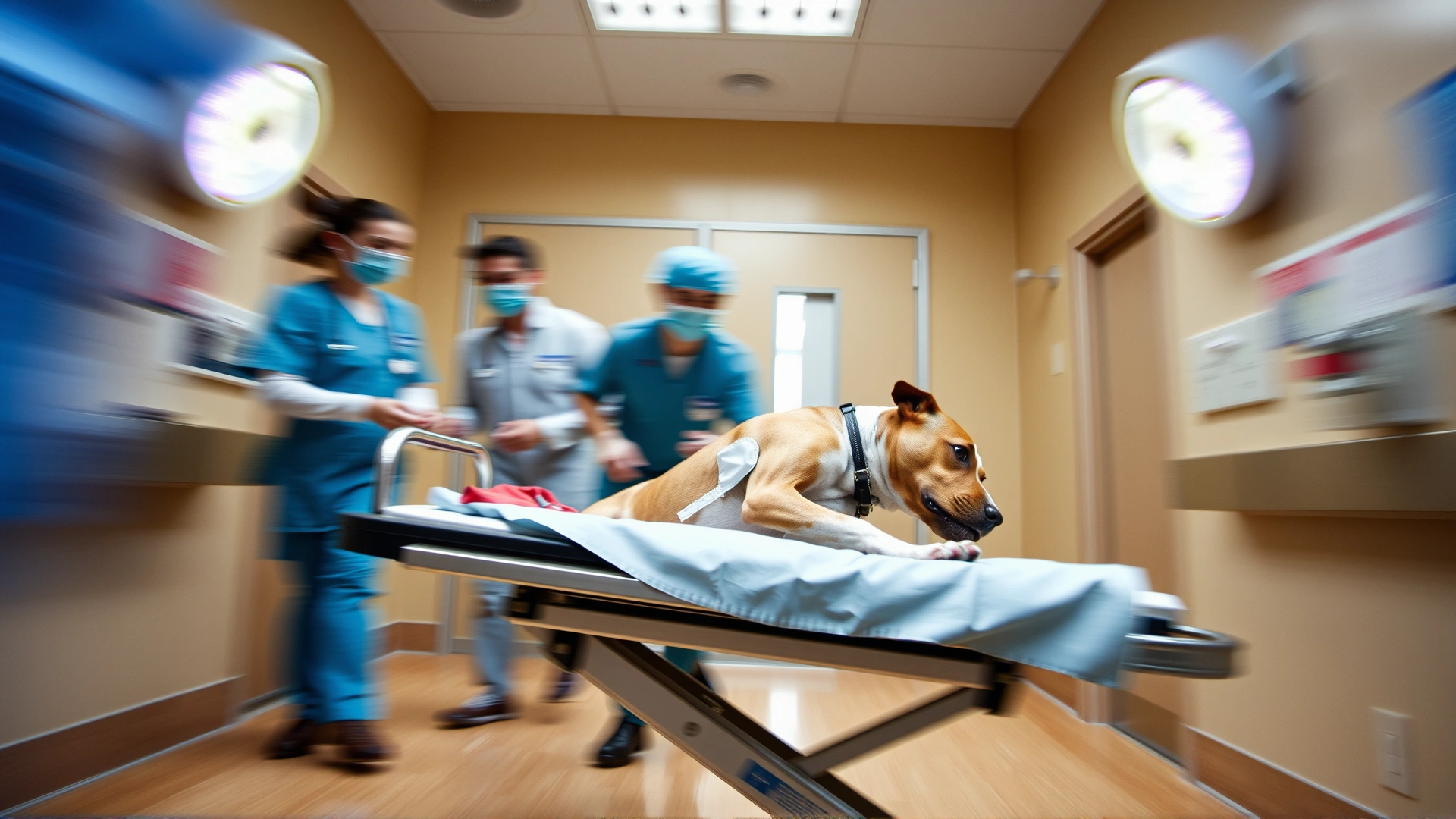 Veterinarian team rushing an injured dog on a gurney in a brightly lit emergency room, slight motion blur to convey urgency