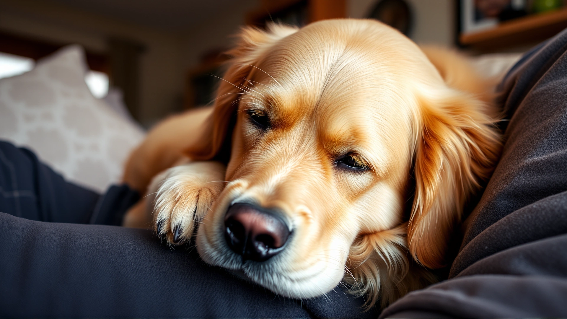 A gentle-looking golden retriever resting its head on its owner’s lap in a cozy living room setting, capturing the essence of comfort and emotional support.