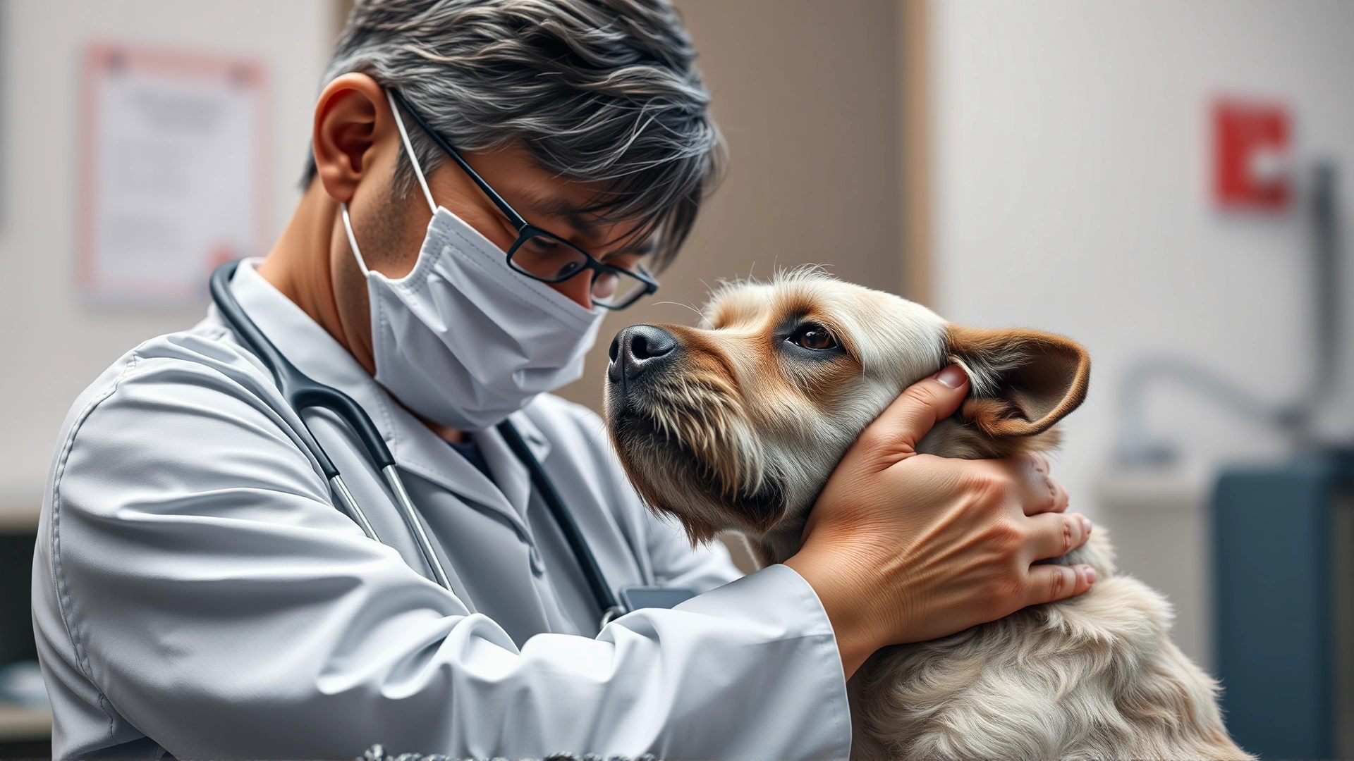 Vet comforting a pet owner while gently holding an elderly dog, clinic background softly blurred, emotional moment captured candidly