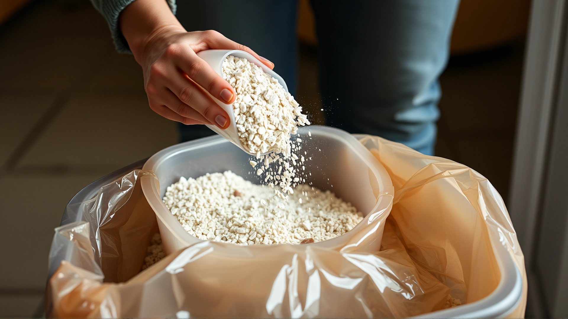 Person gently pouring used cat litter from a plastic box into a trash bag, avoiding dust