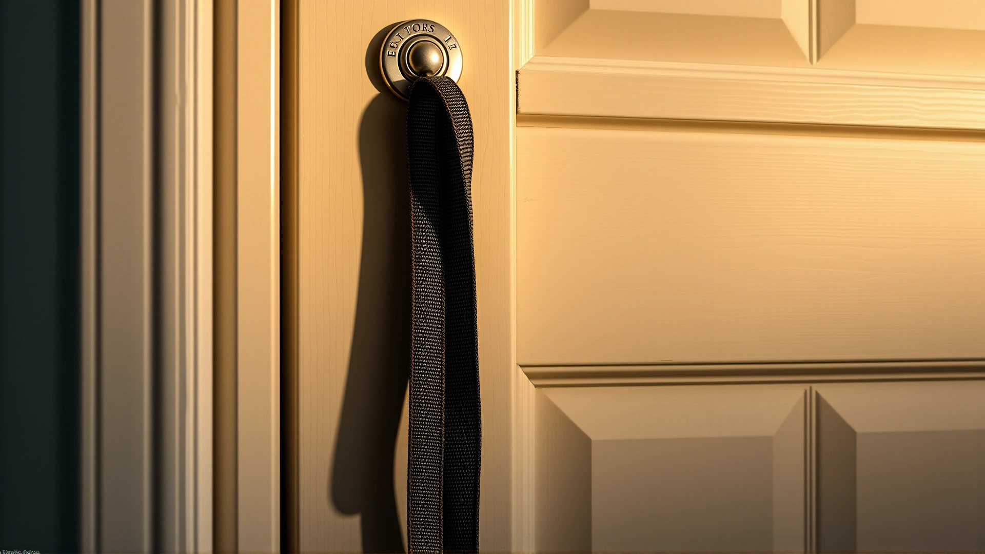 An empty dog leash hanging on a hook by the front door with soft lighting, emphasizing absence.