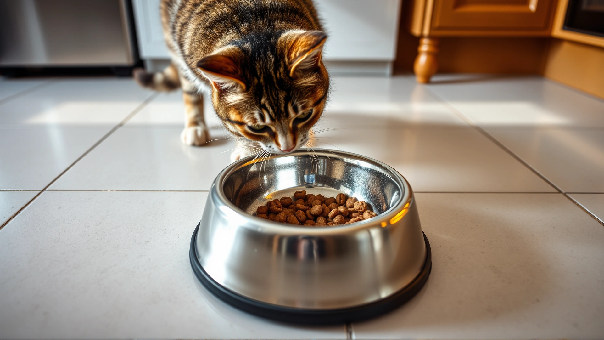 Top view of an empty stainless-steel cat food bowl on a clean kitchen floor with a curious cat sniffing around, daylight