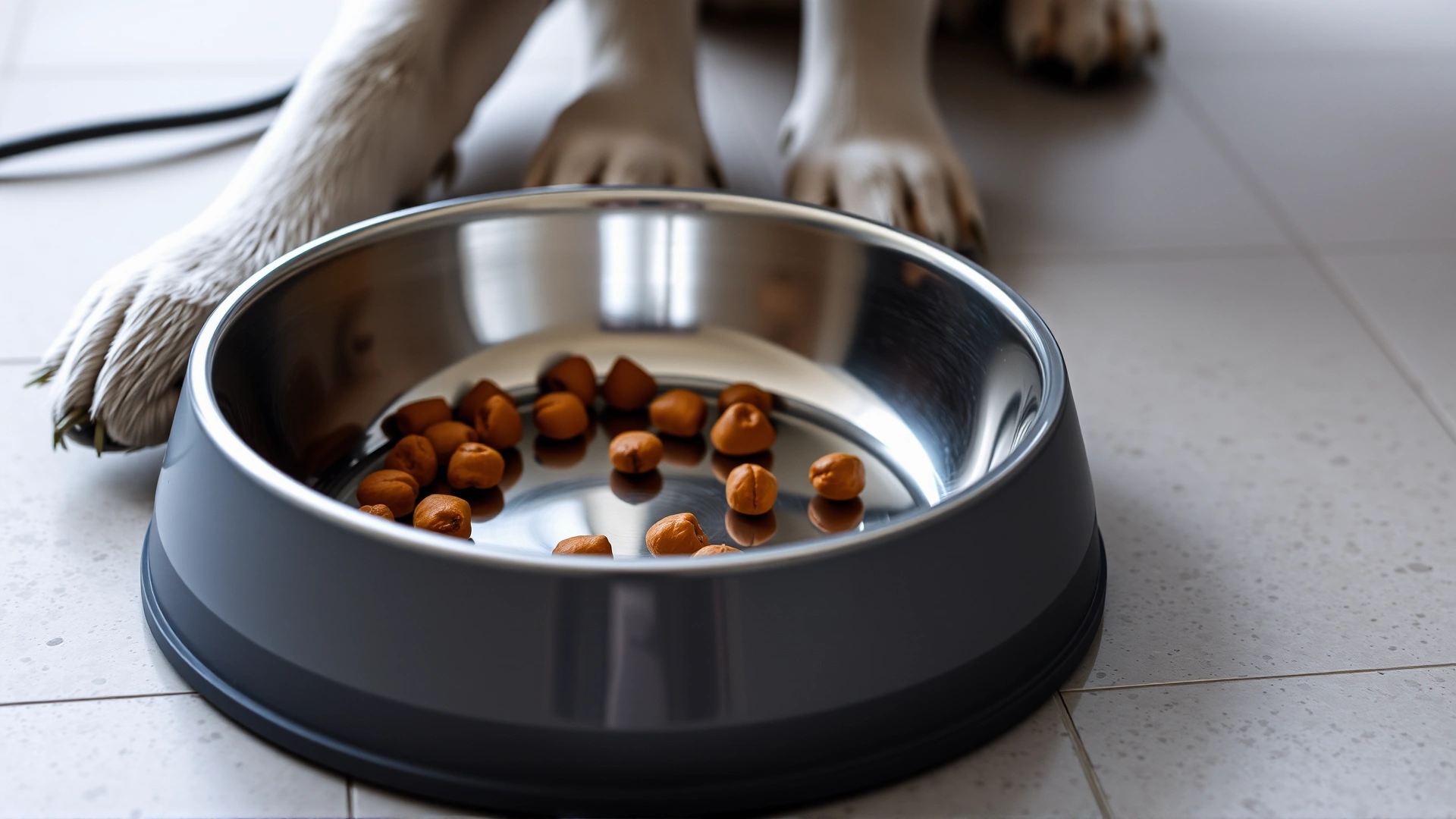 Empty pet food bowl on kitchen floor representing preparation for fasting before a veterinary procedure