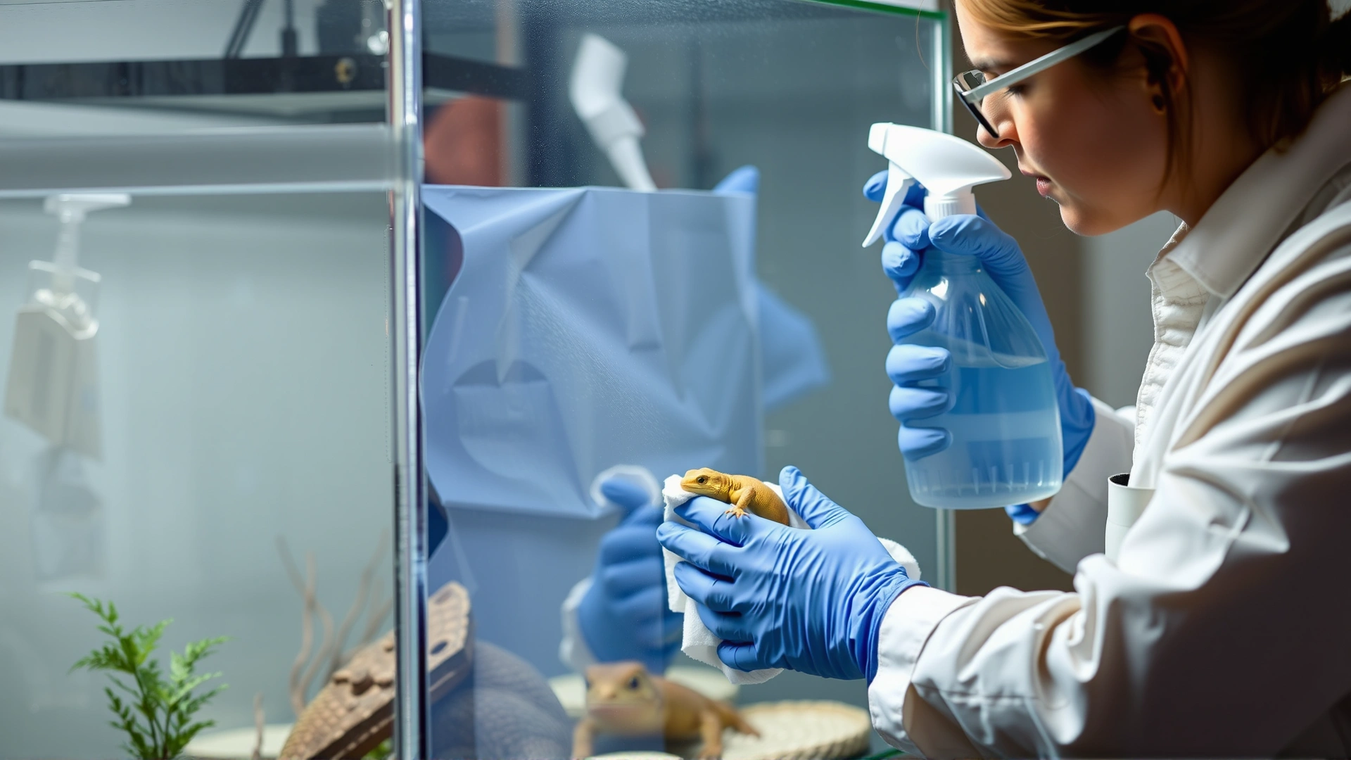 Pet owner wearing disposable gloves disinfecting a glass reptile terrarium with a spray bottle and paper towels