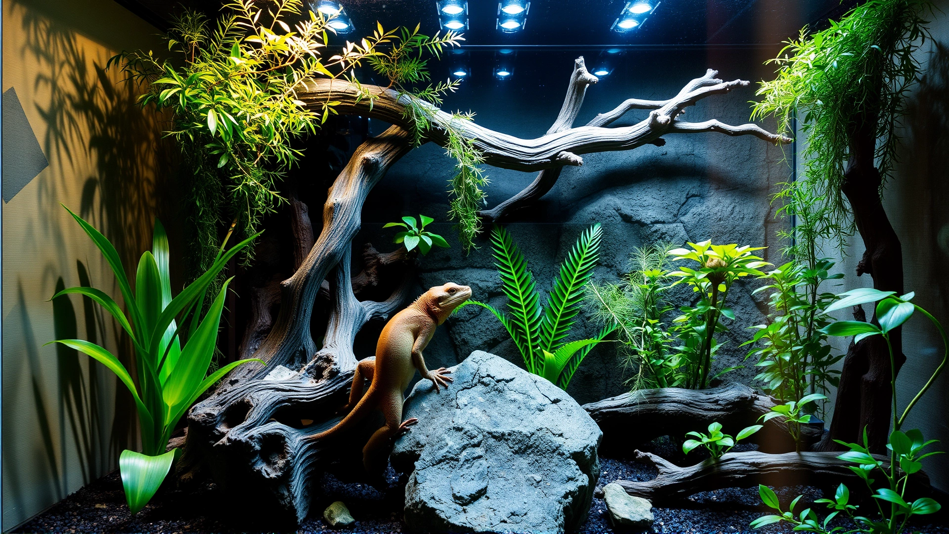 Front view of a modern reptile vivarium setup with optimal lighting, naturalistic plants, branches, and hides, conveying ideal husbandry.