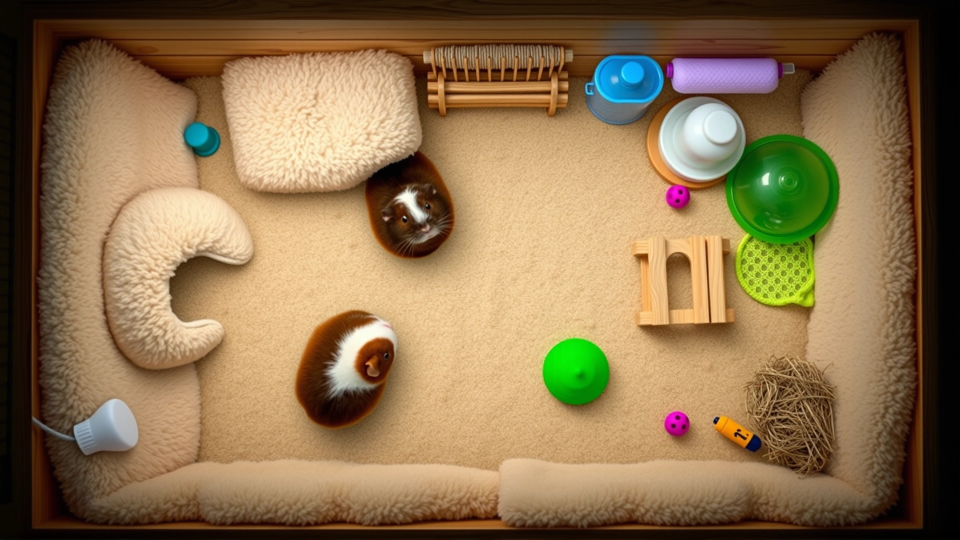 Top-down view of a spacious guinea-pig habitat with fleece bedding, wooden hideouts, water bottle, hay rack, and toys.