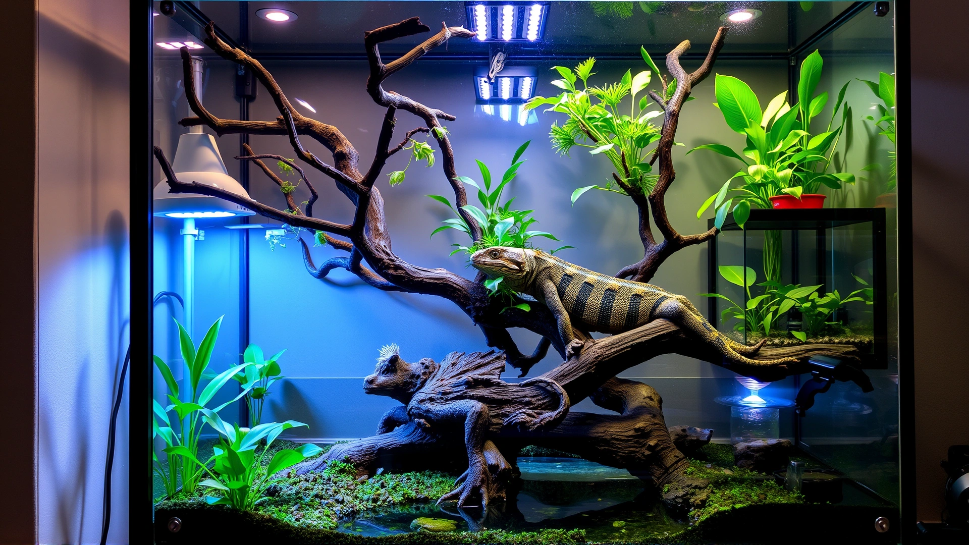 Indoor terrarium setup for a Chinese water dragon: tall glass enclosure with branches, live plants, UVB lamp, heat lamp, and a large water basin.