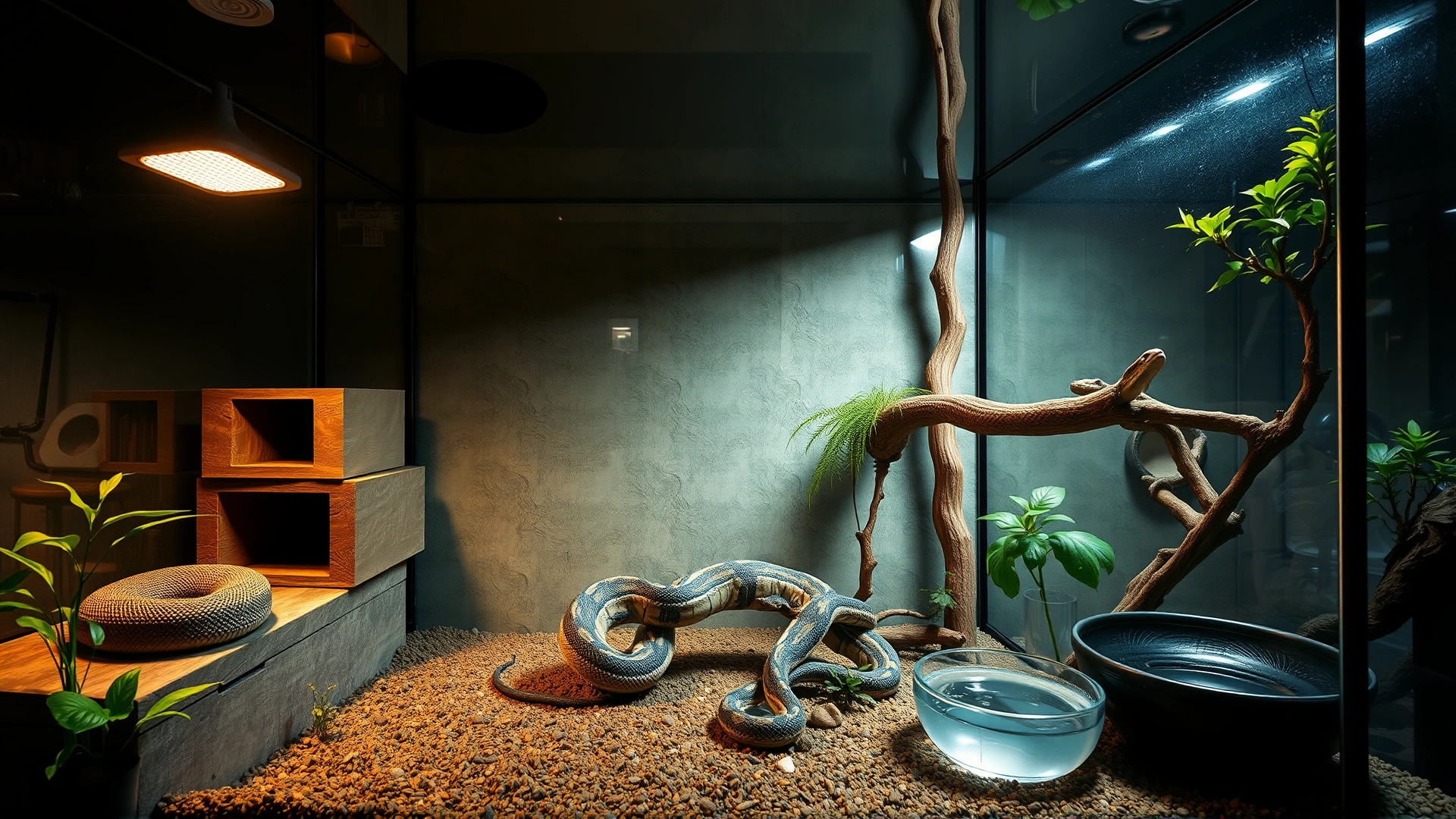 Wide interior shot of a spacious glass terrarium properly set up for a boa constrictor: heat lamp on one side, hiding boxes, climbing branch, large water bowl, natural substrate, no text