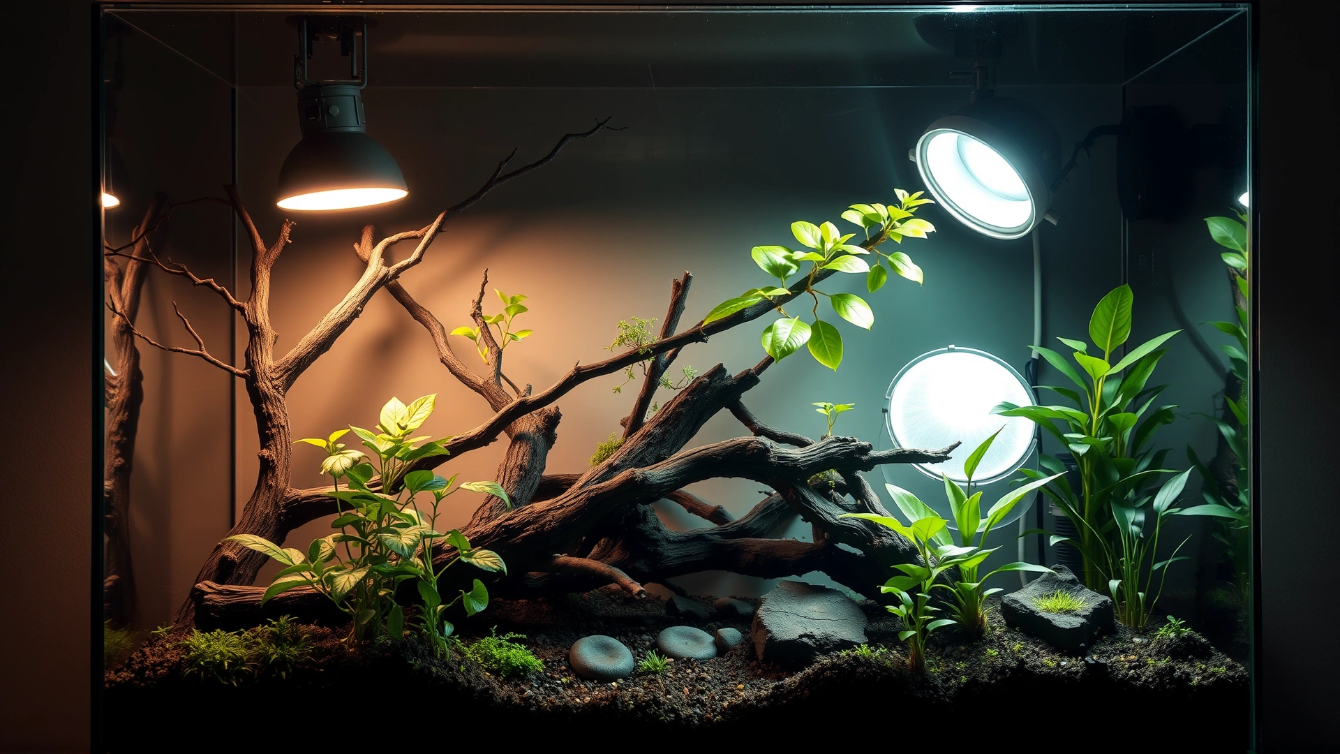 Horizontal terrarium setup featuring branches, live plants, a UVB lamp, and a basking spot lamp, photographed from a slight top-down angle to show layout.