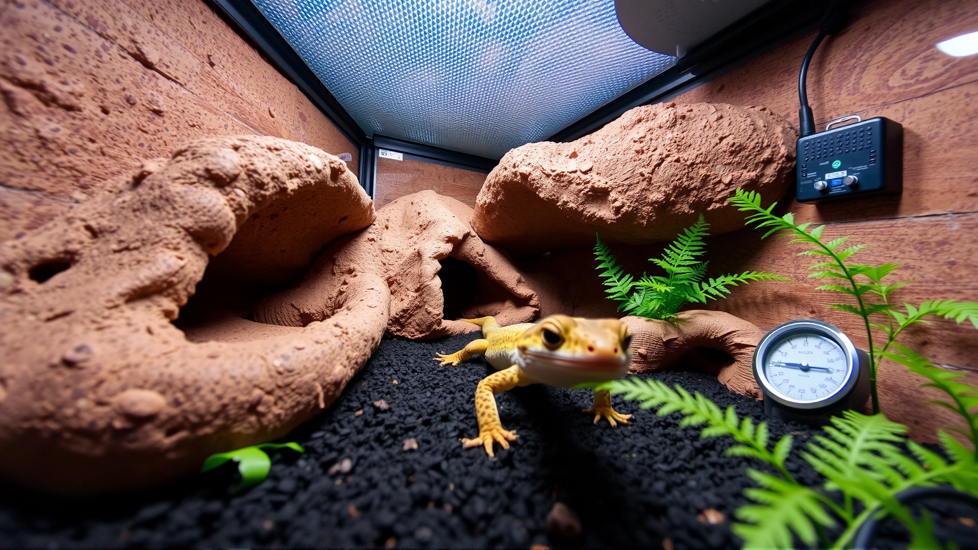 Wide-angle photo of a fully furnished leopard gecko terrarium showing hides, heat mat, thermometer, and artificial plants, taken from eye level.