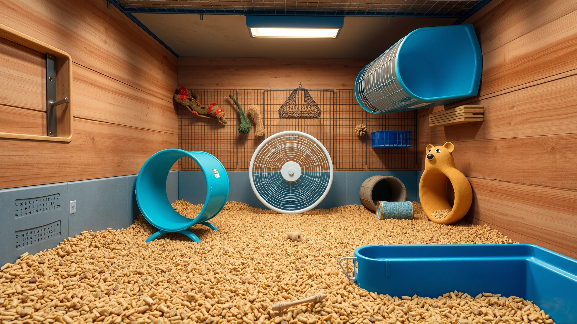 A spacious rodent enclosure with deep bedding, exercise wheel, tunnels, and chew toys, photographed from a slight top angle