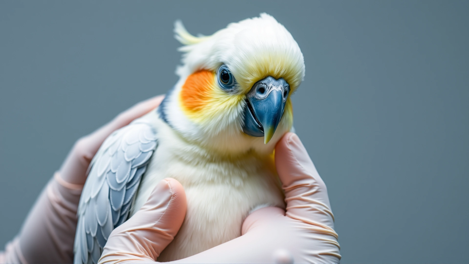 Close-up of a cockatiel having its abdomen palpated by a veterinarian wearing gloves, focus on the bird's calm expression