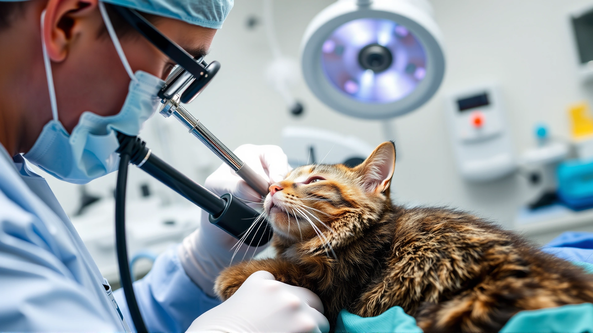 Veterinarian performing endoscopy on a sedated cat, medical equipment visible, clean clinical environment