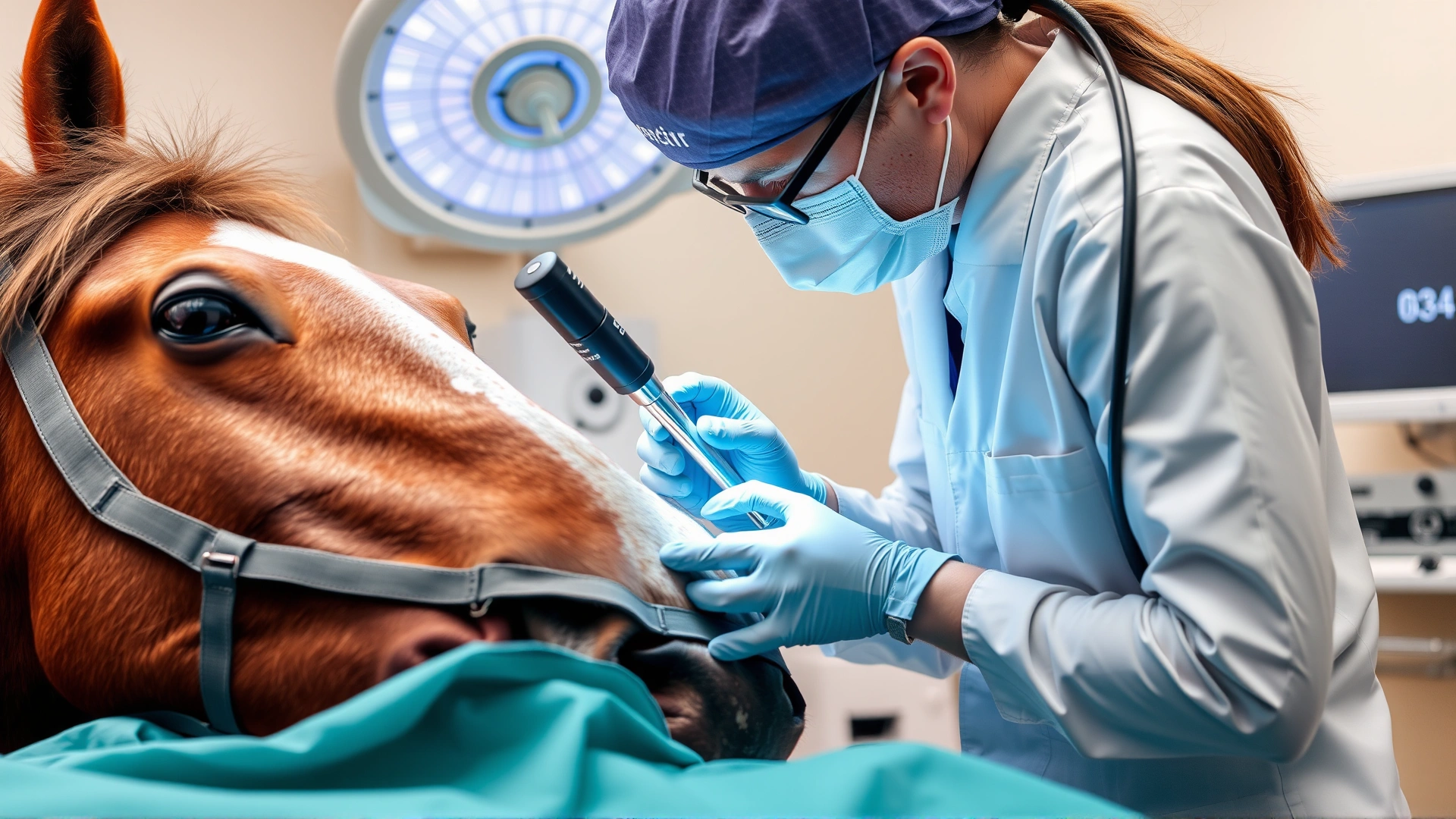 Veterinarian performing an endoscopic examination on a sedated horse in a clinical setting, medical equipment clearly visible.