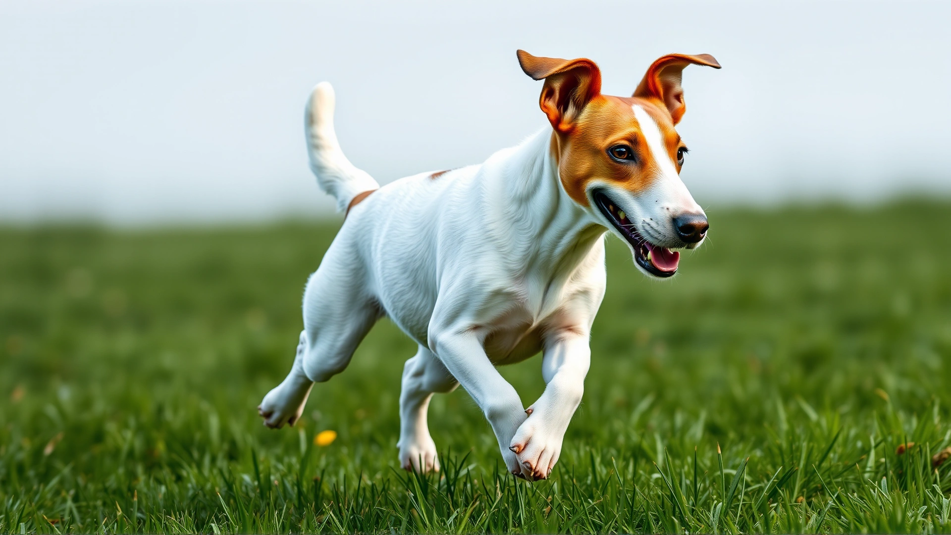 Parson Jack Russell Terrier running across a green meadow, mid-stride, ears flying back, high-resolution action shot