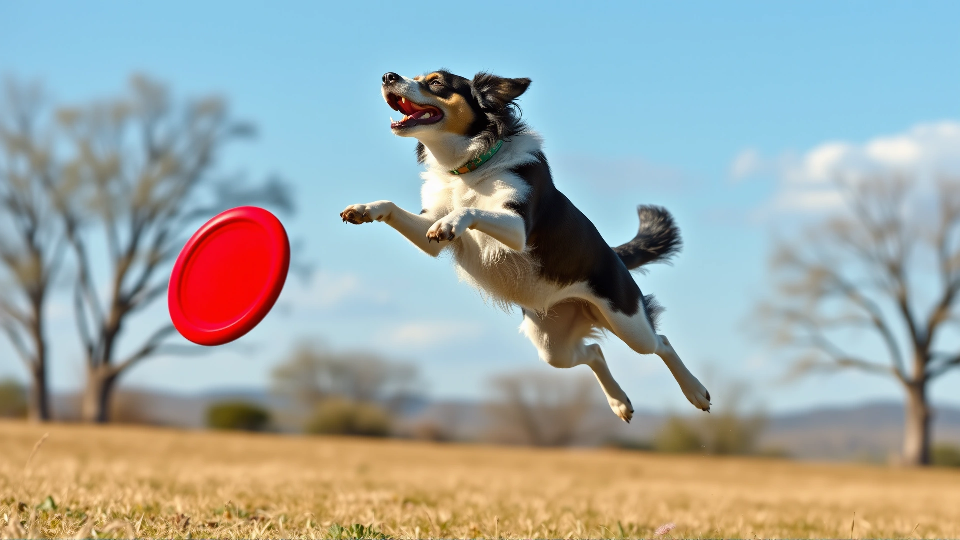 Texas Heeler mid-air catching a red frisbee in an open field, blue sky, dynamic action