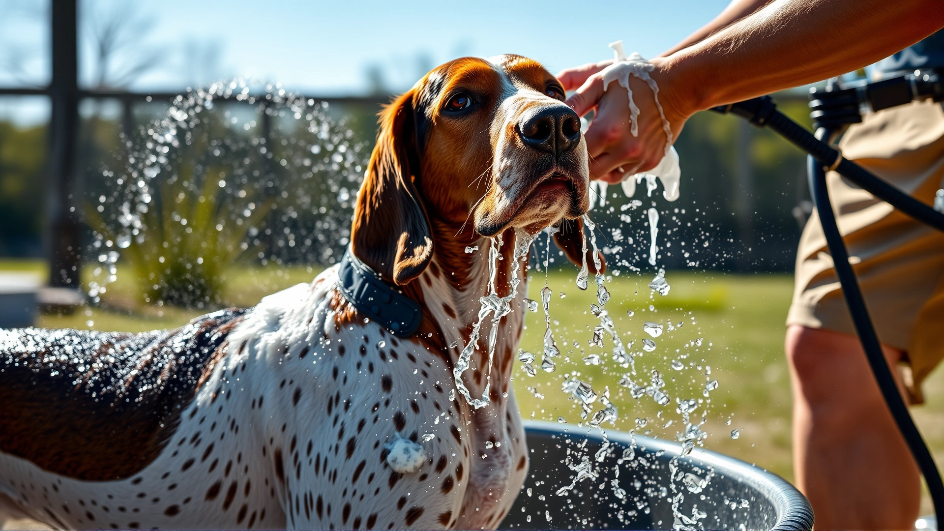 English Foxhound being bathed outdoors with a hose, handler lathering shampoo, water droplets sparkling in sunlight, high resolution