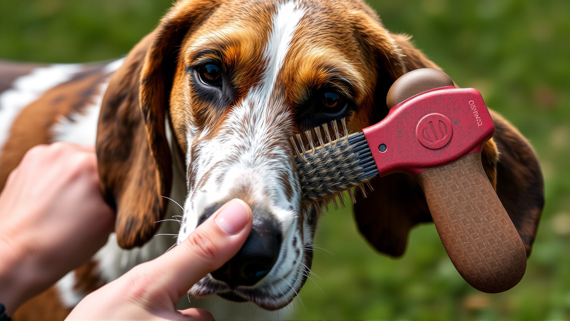 Close-up of hands brushing the short coat of an English Foxhound outdoors, bristle brush visible, fur texture highlighted, high resolution