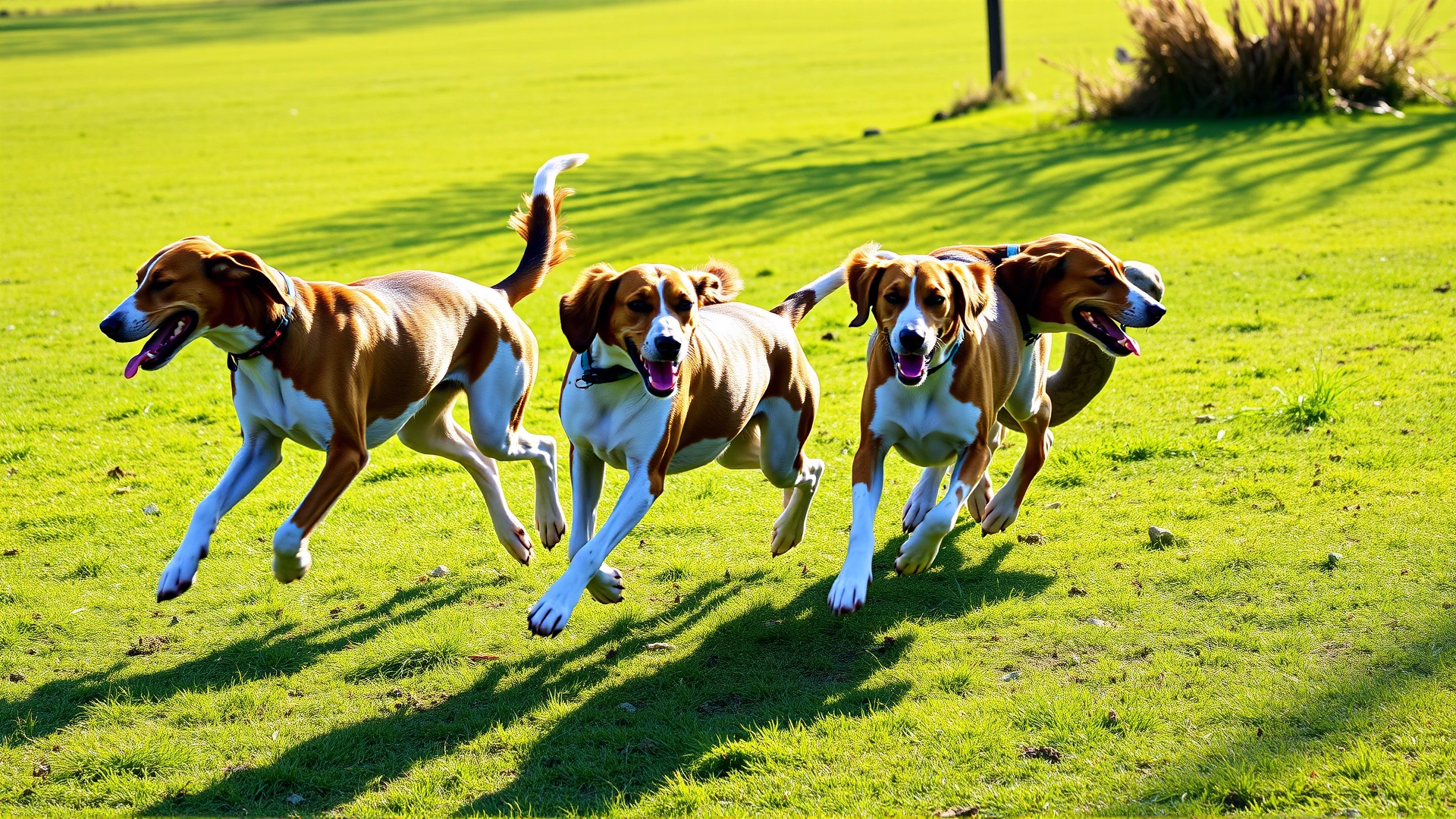 A harmonious pack of English Foxhounds running together across a grassy paddock, showcasing cooperative nature, bright daylight, high resolution