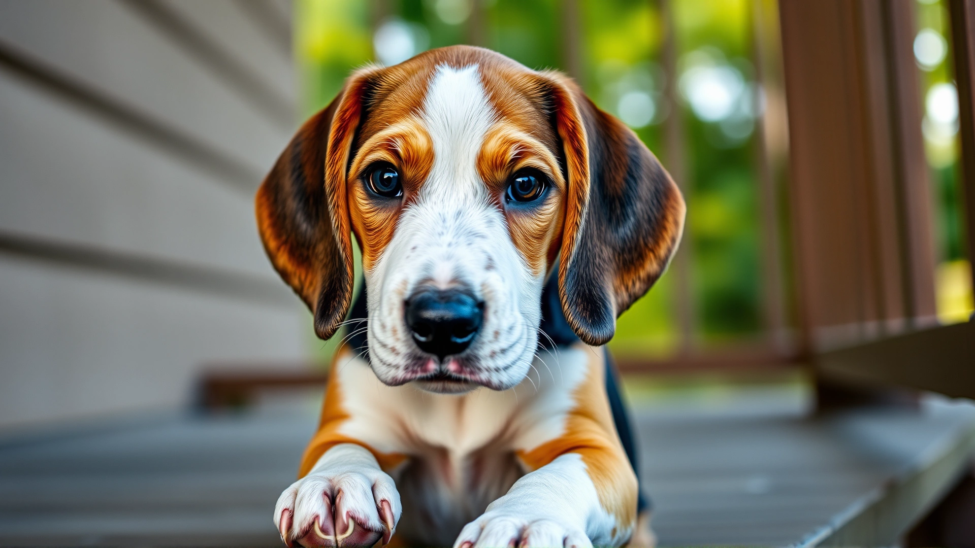 Adorable English Foxhound puppy sitting on a wooden porch, big curious eyes, soft morning light, shallow depth of field