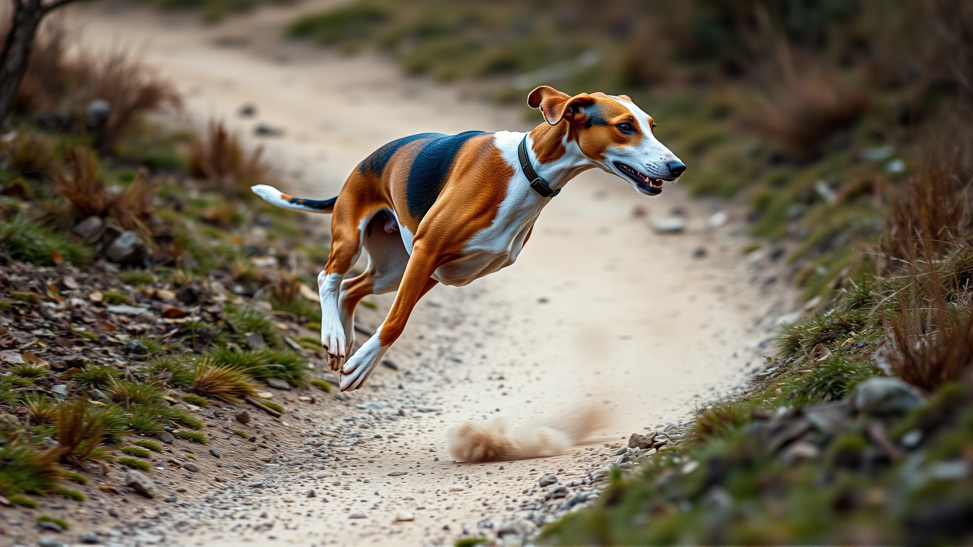 Single English Foxhound mid-sprint on a dirt trail, muscles defined, dust particles visible, action freeze, high resolution
