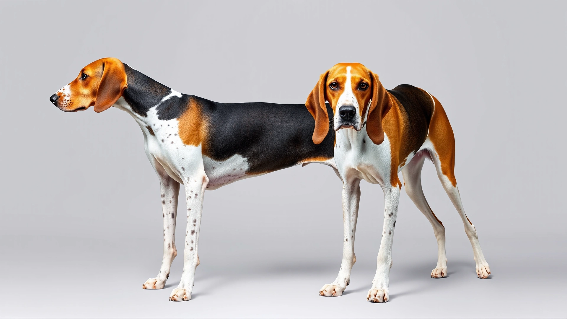 Side-by-side comparison: an English Foxhound and an American Foxhound standing together, subtle body differences highlighted, neutral background, high resolution