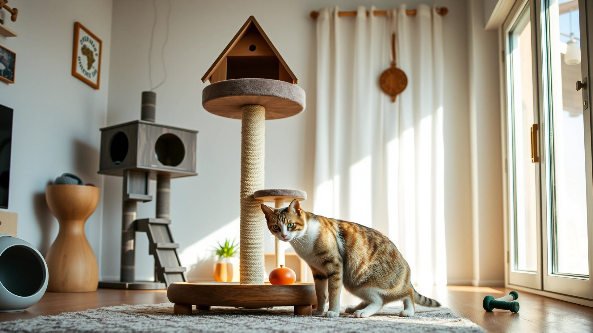 Bright living room with cat tree, scratching post, interactive toys, and a relaxed cat exploring the setup, natural daylight.