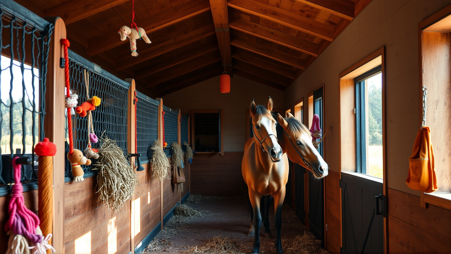 Bright, tidy stable interior featuring hay nets, hanging toys, and open windows, with a relaxed horse exploring the enrichment items