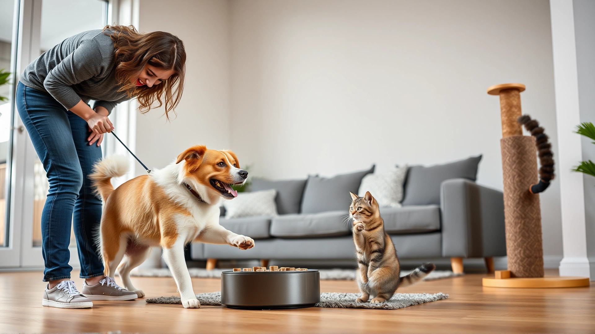 Pet owner engaging a playful dog with a puzzle feeder while a curious cat explores a tall scratching post in a bright modern living room