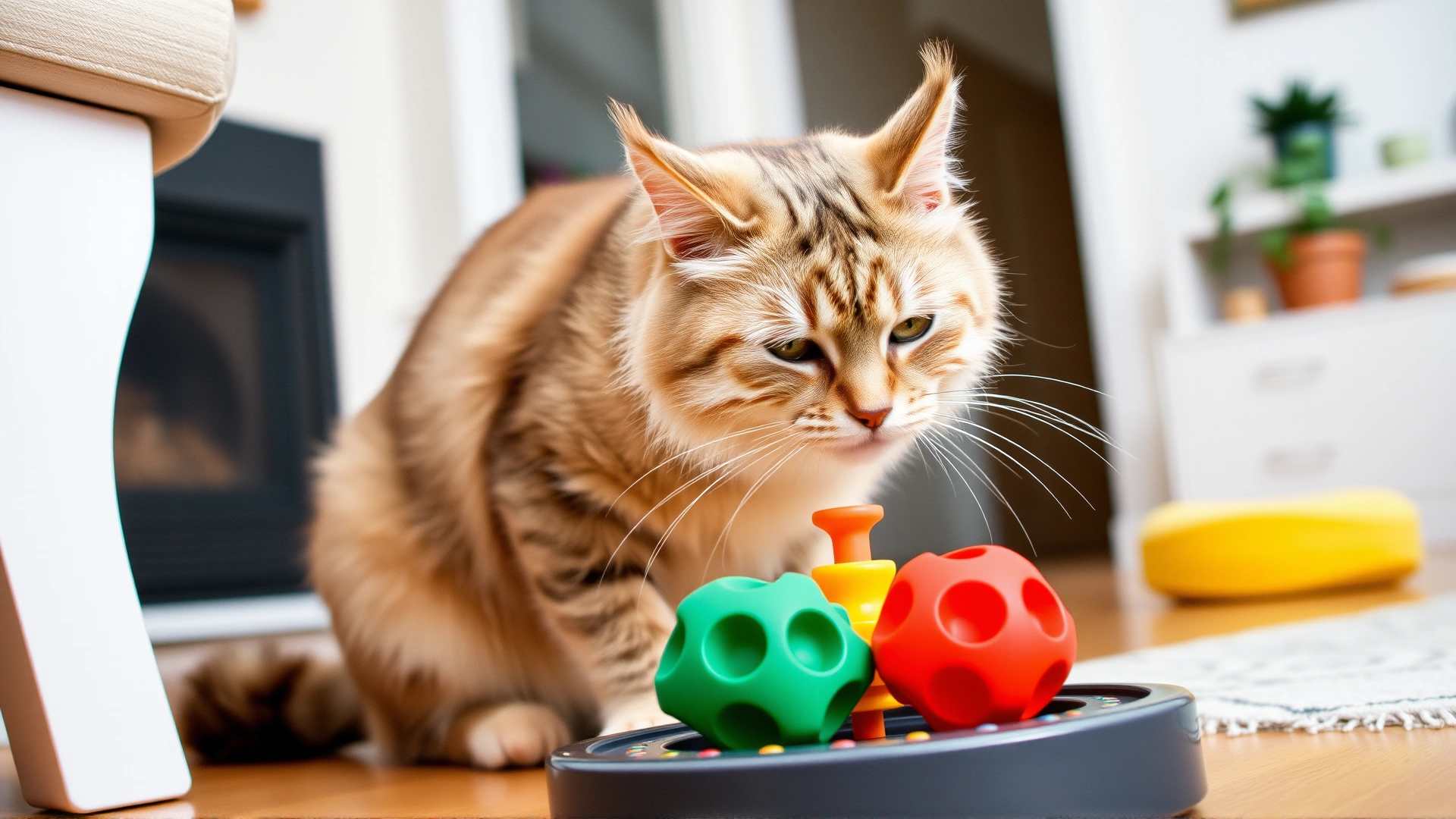 Senior cat interacting with a colorful puzzle feeder toy in a bright living room, engaged and alert