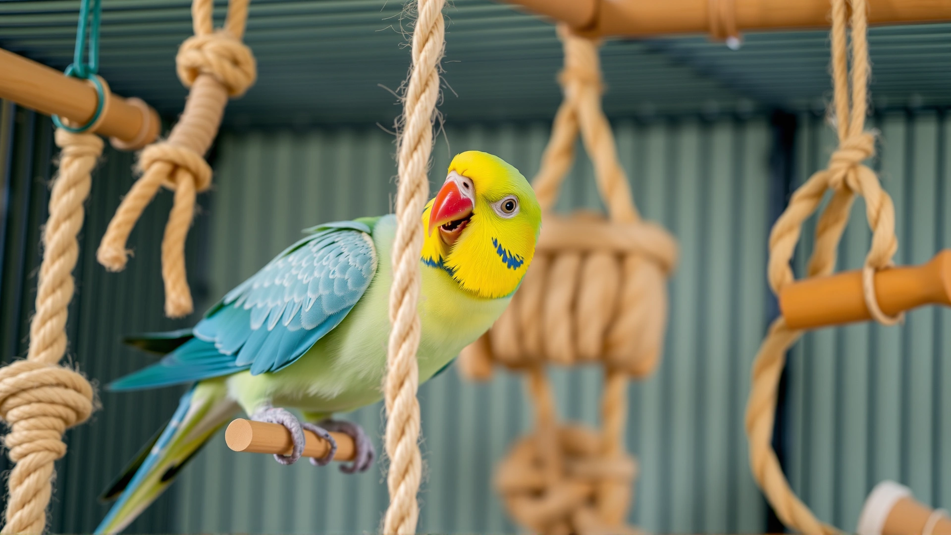 Parakeet playing with hanging wooden and rope toys inside a roomy cage, emphasizing environmental enrichment
