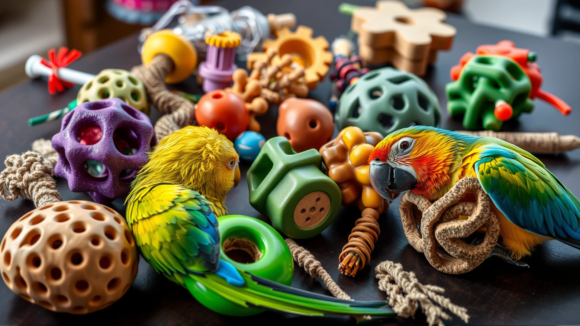 Variety of parrot chew toys and foraging puzzles spread out on a table, bright colors and textures visible.