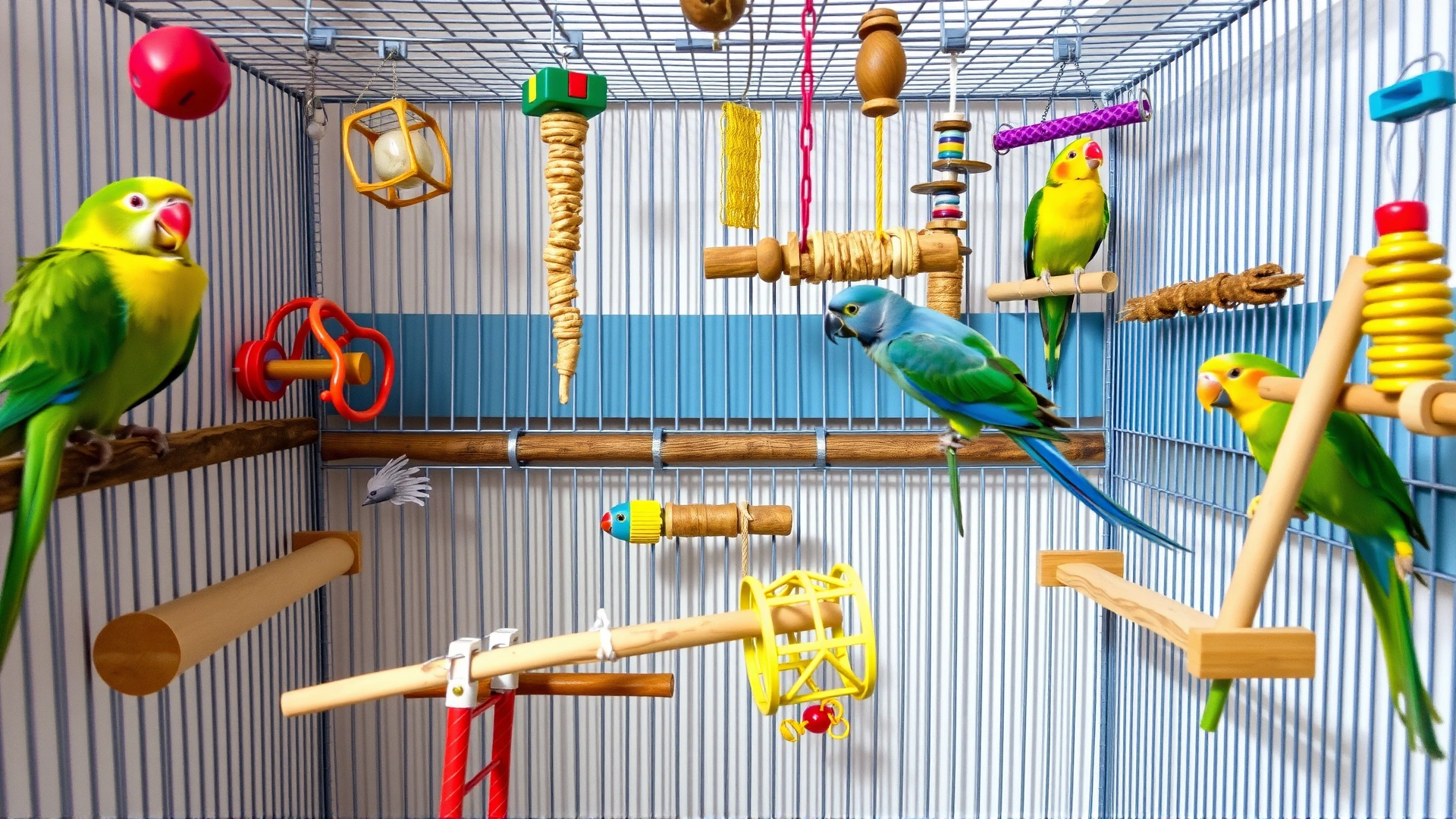 Well-organized indoor bird cage filled with colorful hanging toys, ladders, and foraging puzzles, demonstrating an enriched environment.