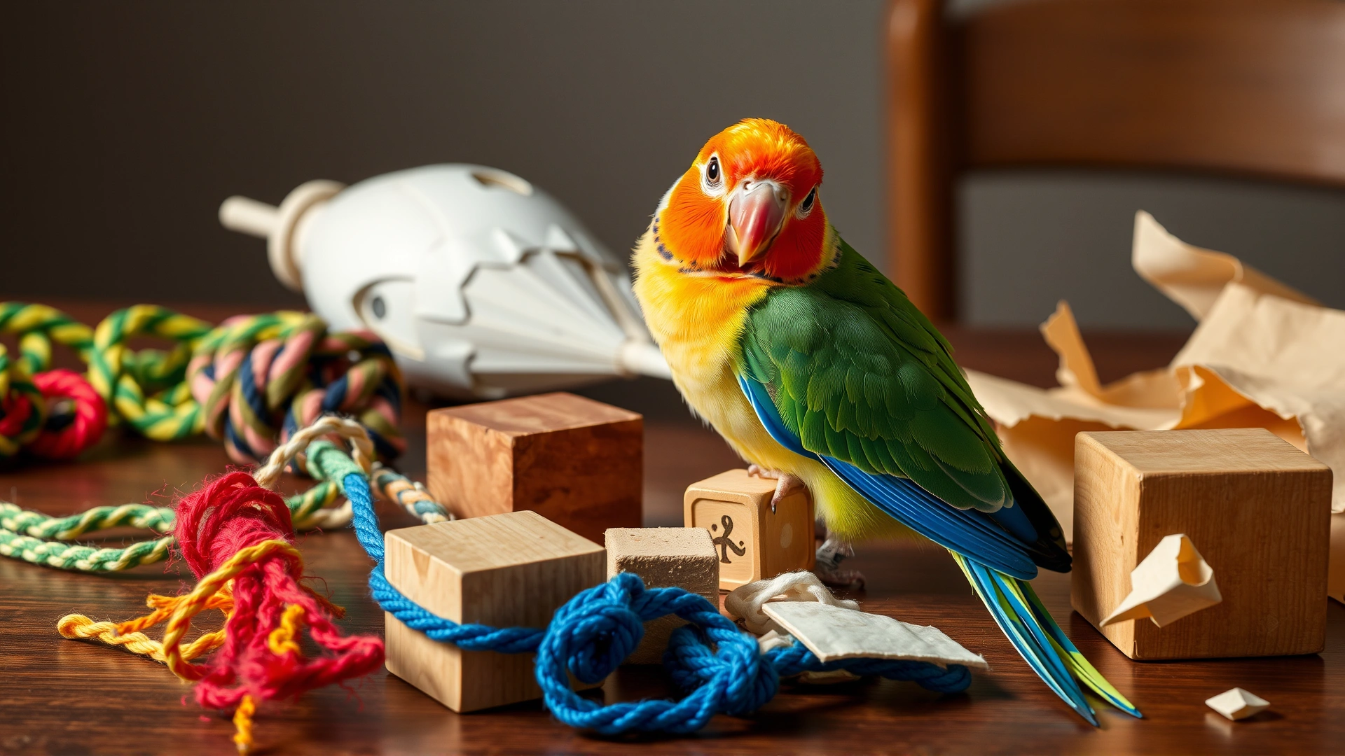 Assortment of safe bird toys—rope, wooden blocks, and shreddable paper—spread out on a table while a curious lovebird explores them.