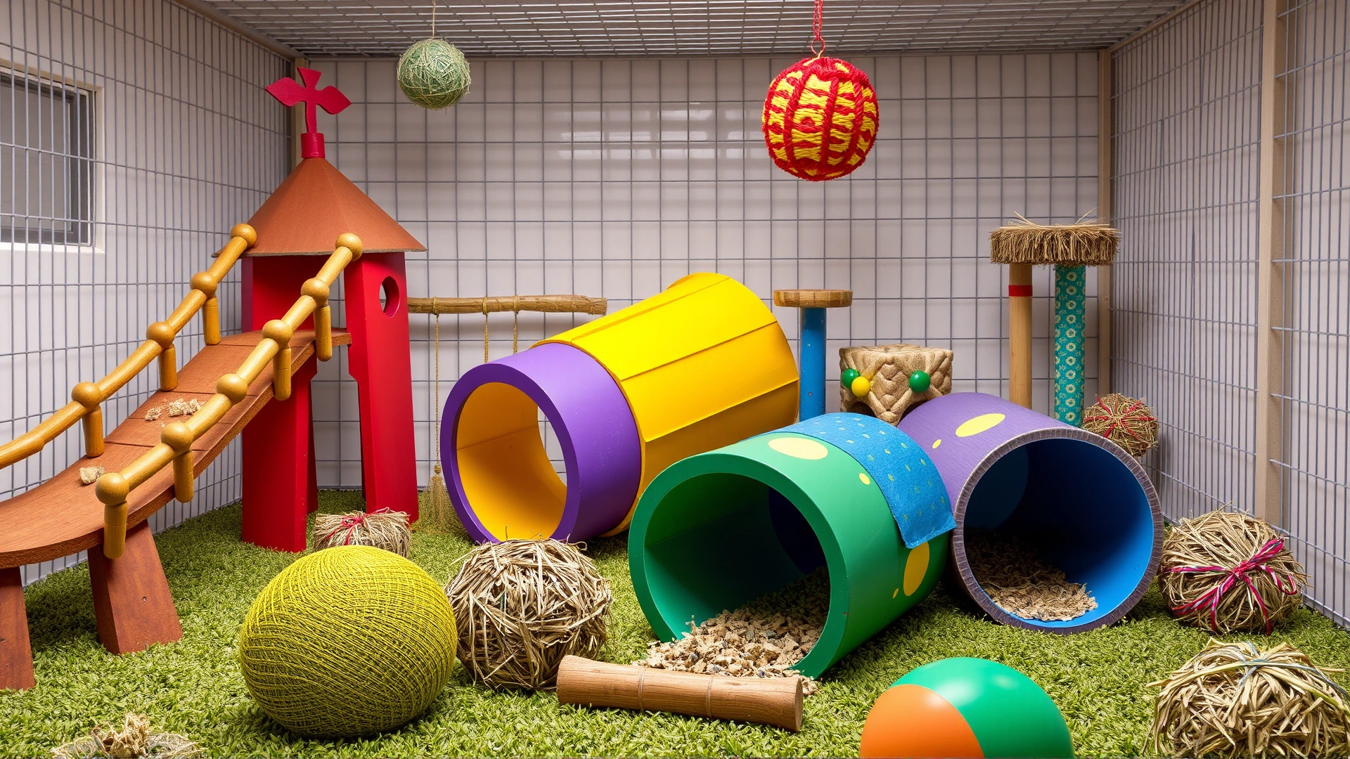 Arrangement of colorful enrichment toys—wooden bridges, cardboard tunnels, hay balls—inside a clean pet enclosure
