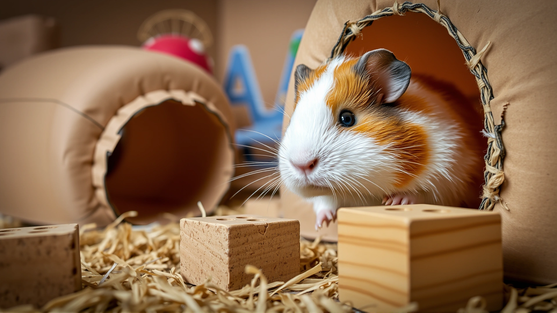 Guinea pig exploring a play area filled with cardboard tunnels and wooden chew blocks