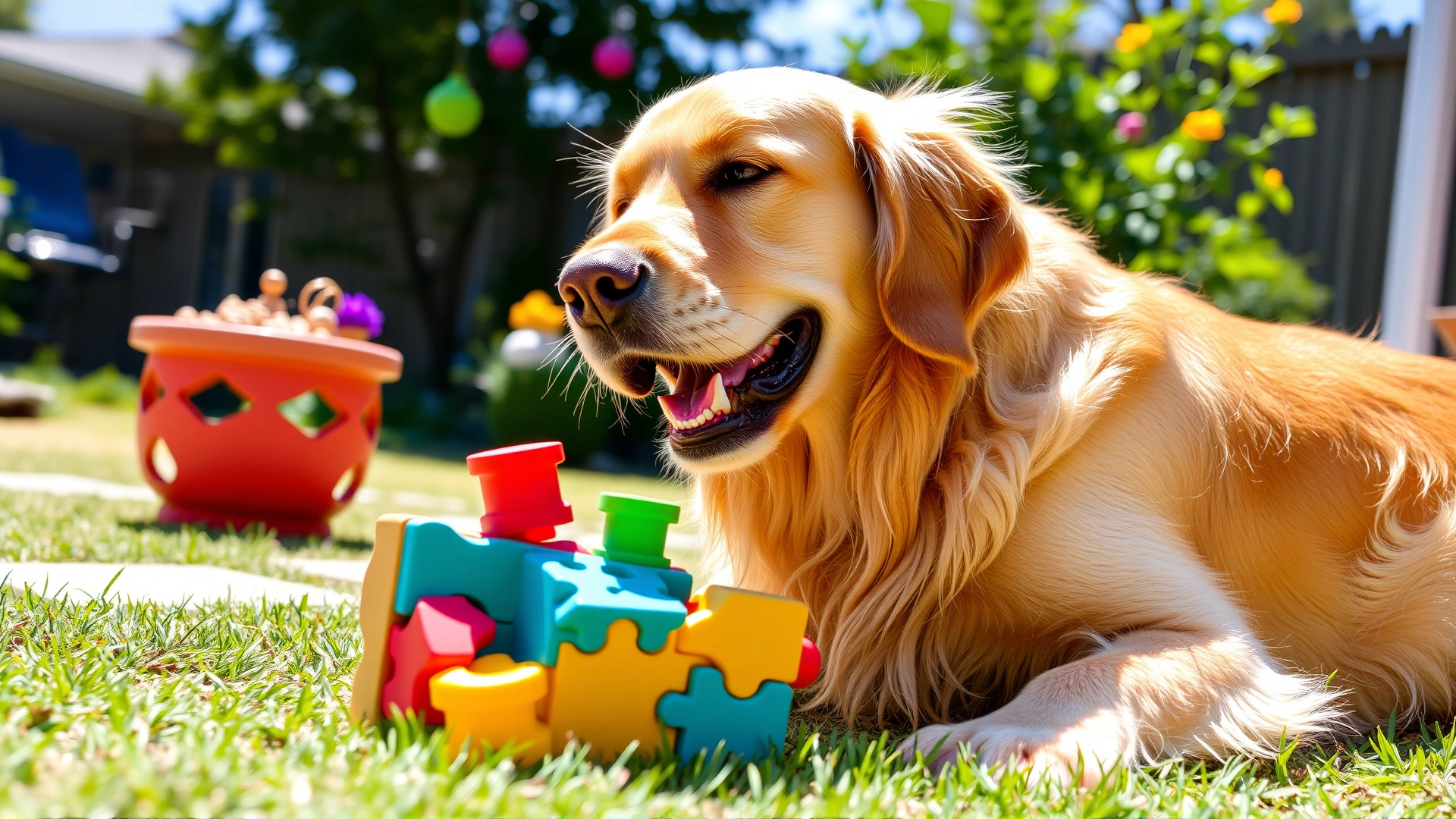 Golden Retriever engaging with an interactive puzzle toy in a sunny backyard, vibrant colors to depict mental stimulation