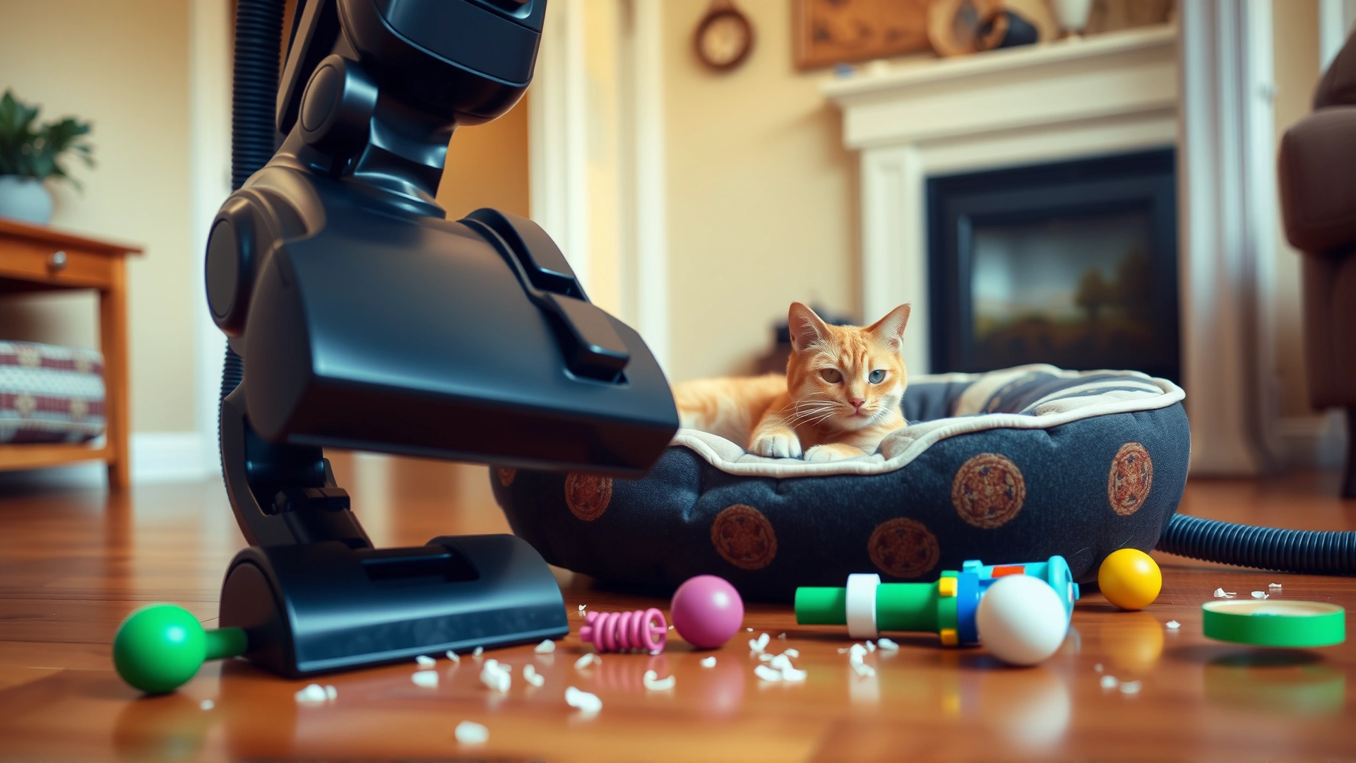Vacuum cleaner head passing over a cat bed and scattered toys on hardwood floor, cozy home background.