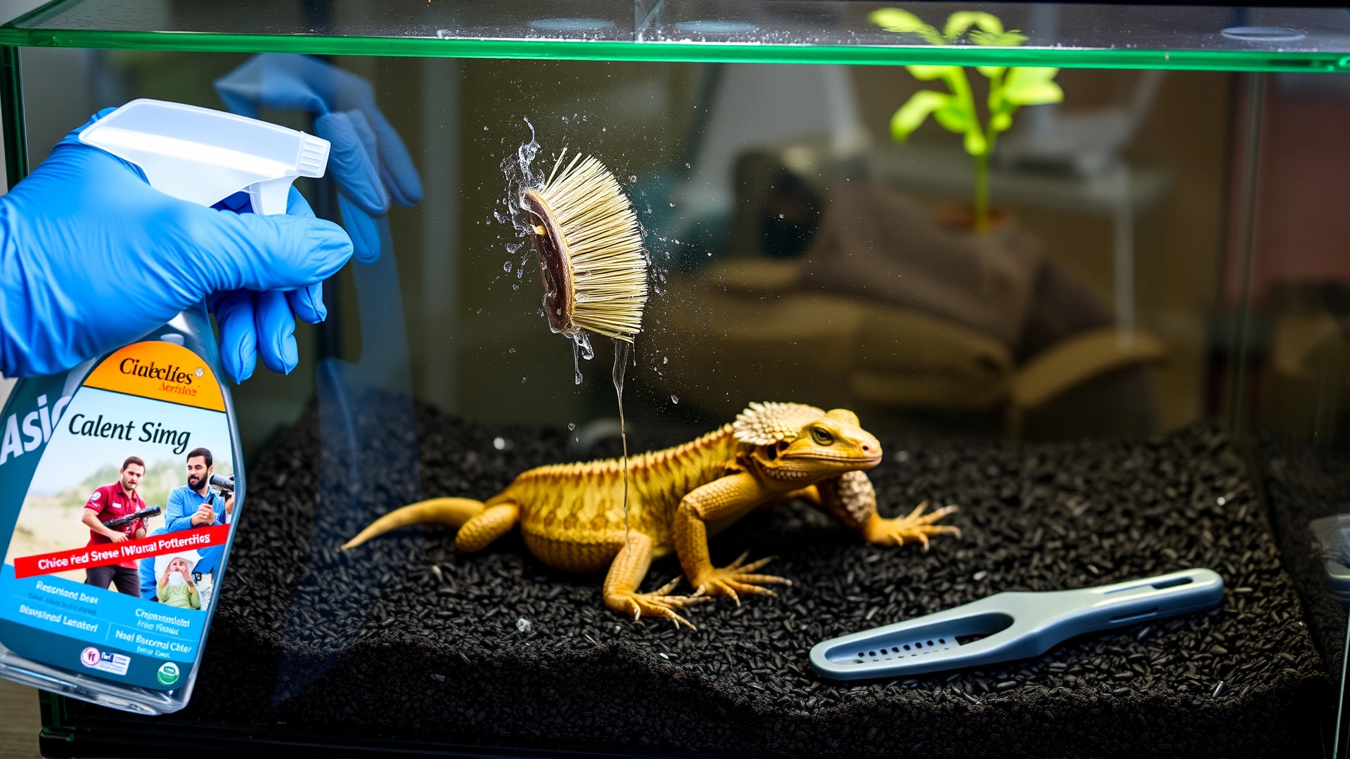 Gloved hands scrubbing a glass reptile terrarium with a brush and disinfectant spray, substrate removed and tools nearby.