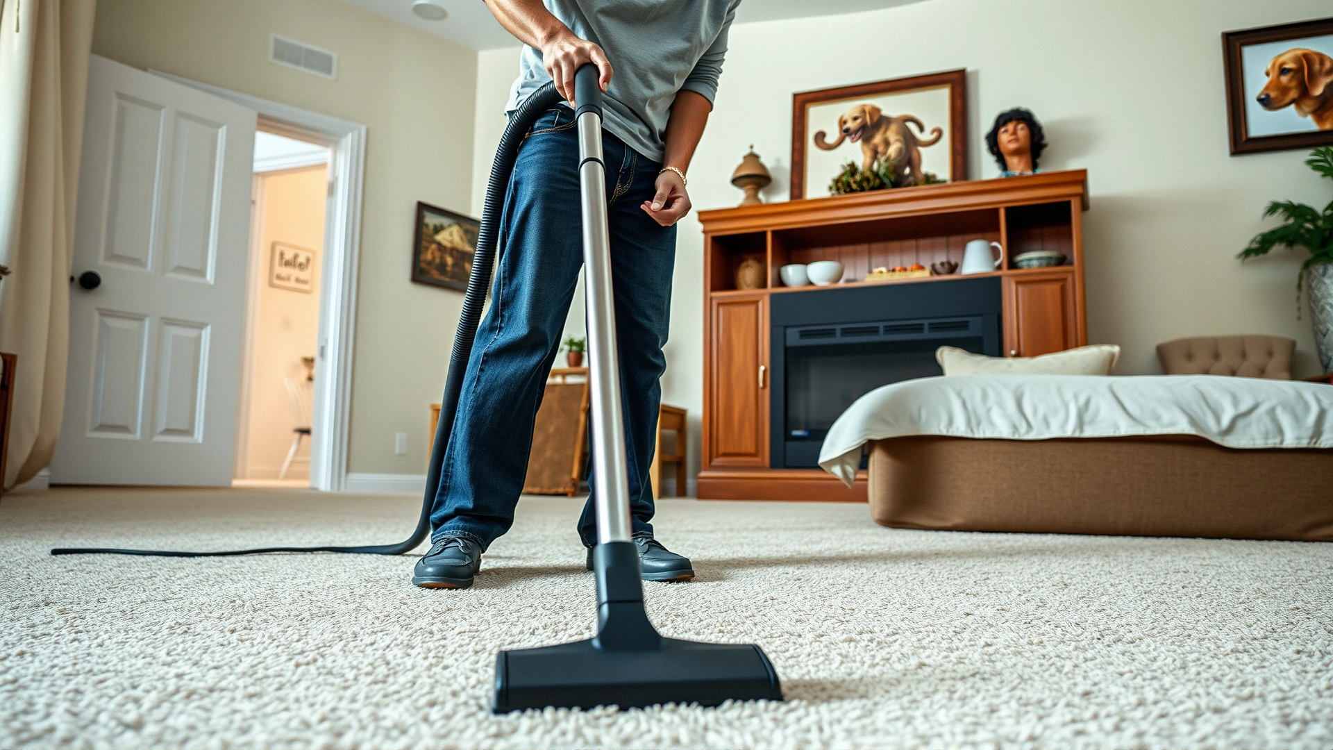 Person vacuuming a carpeted living room near a pet bed, symbolizing environmental flea control measures.