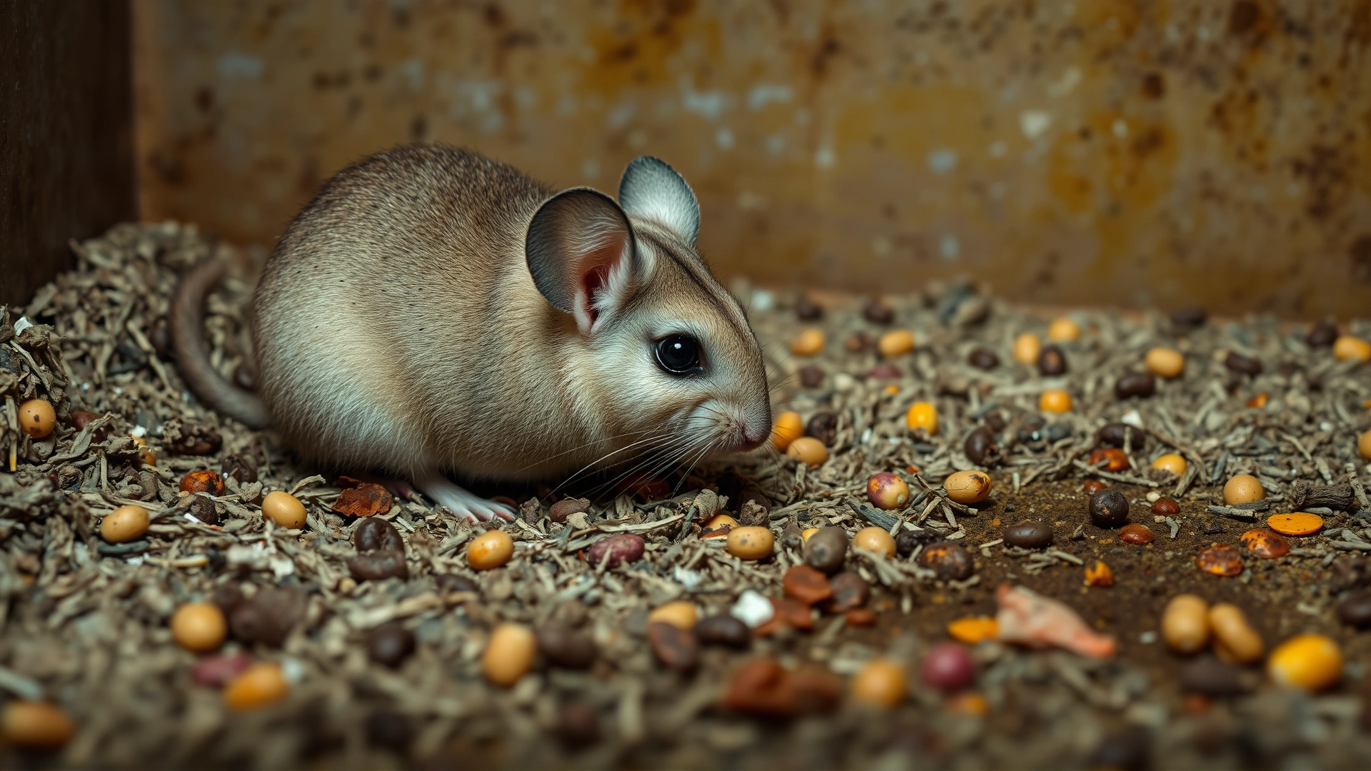 Chinchilla habitat with visibly dirty bedding and scattered food remnants to represent a contaminated environment