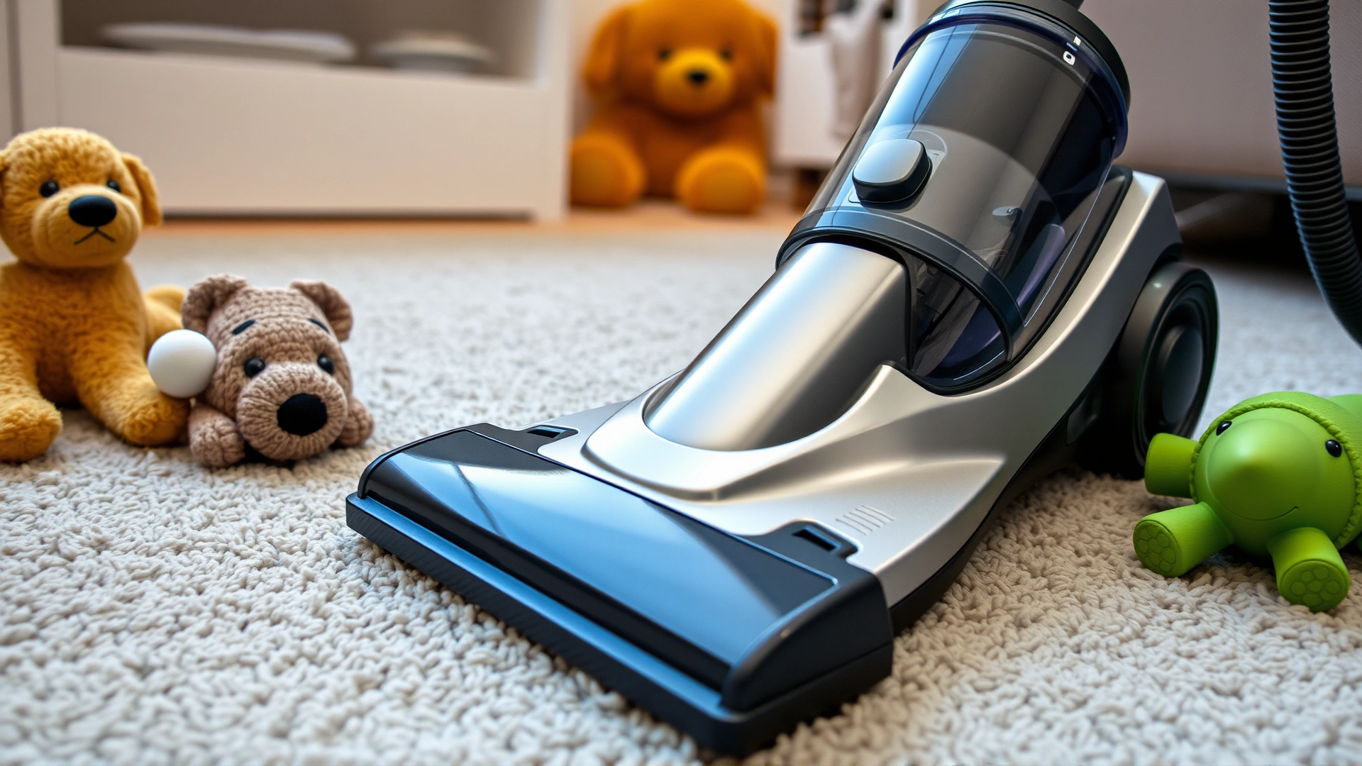 Vacuum cleaner on a carpet with pet toys around, illustrating home environment cleaning