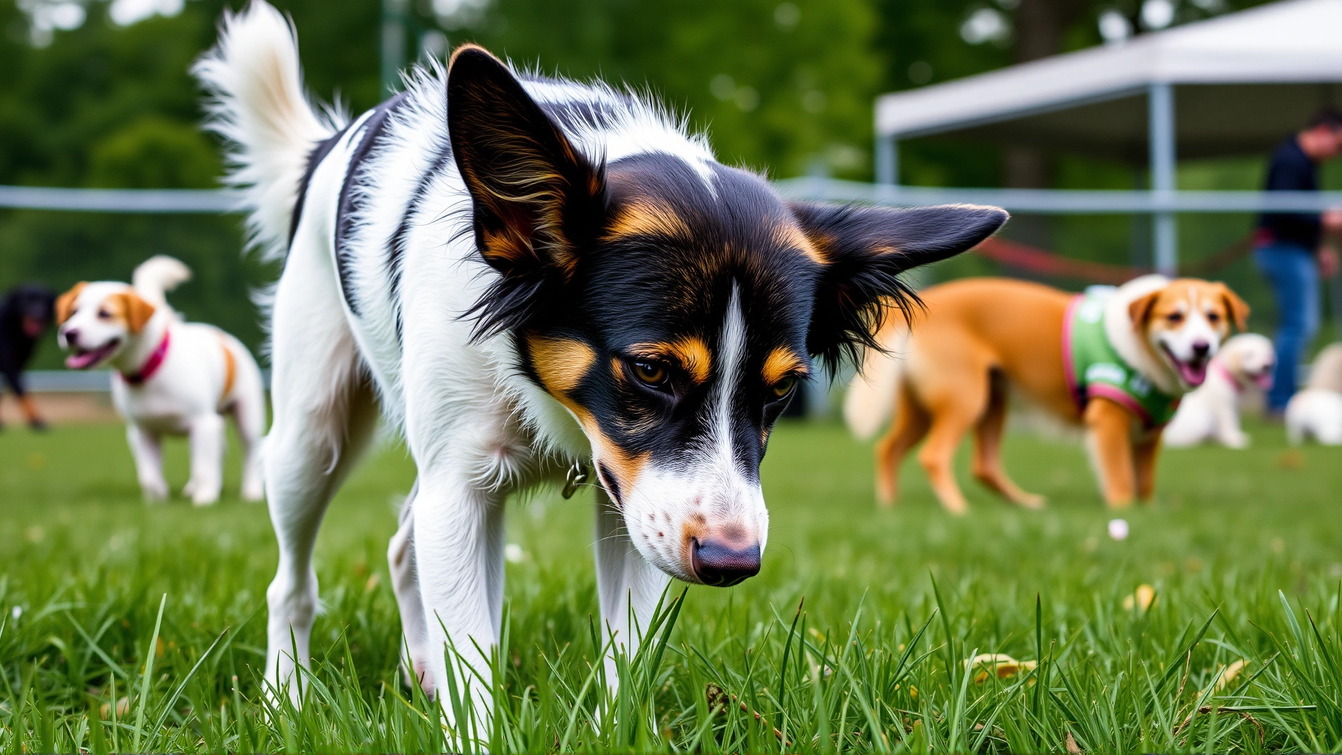 Dog sniffing the grass while other dogs play in the background of a busy dog park, highlighting environmental distractions.