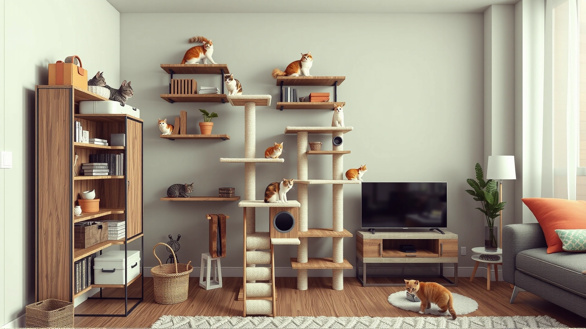 Indoor cat playground with multi-level shelves, cat tree, and interactive toys in a stylish apartment.